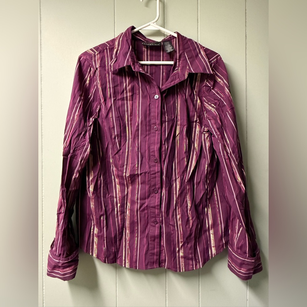 Vtg attention Plum Striped Button-Up Shirt with Metallic Thread